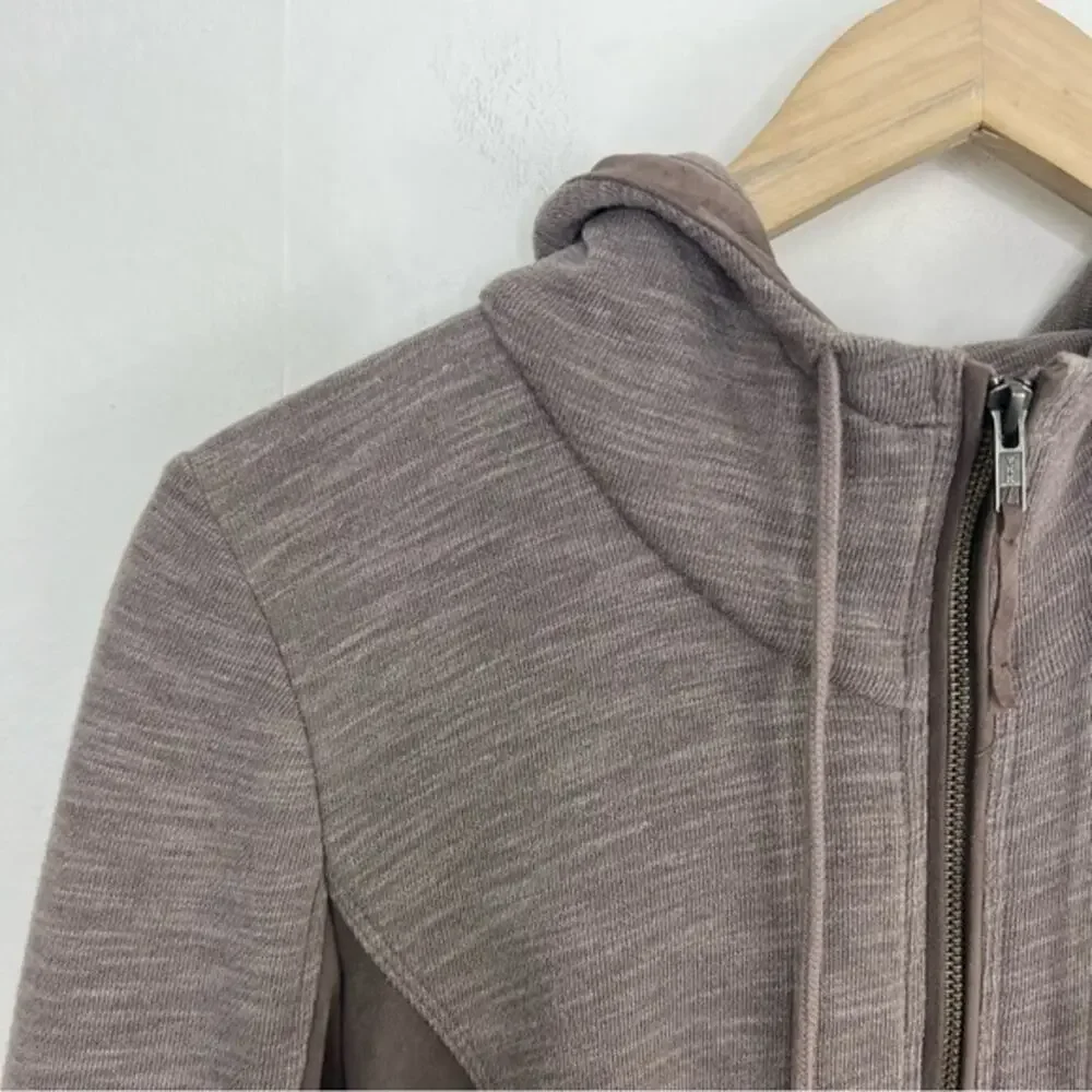 Anthropologie Akemi + Kin Taupe Abbe Full Zip Faux Suede Panel Hoodie Sweatshirt - Picture 4 of 15
